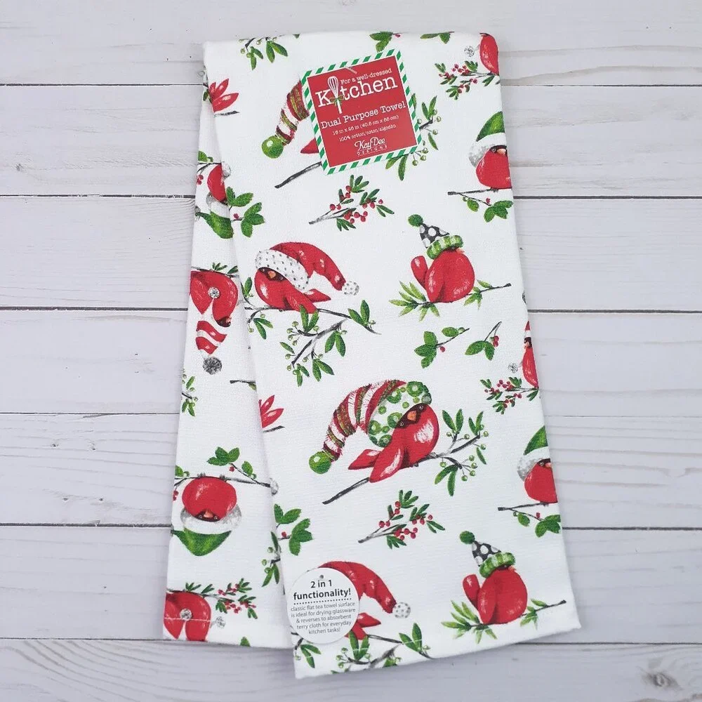 Kitchen Dish Towel Winter Birds Playful Cardinal Dual Purpose
